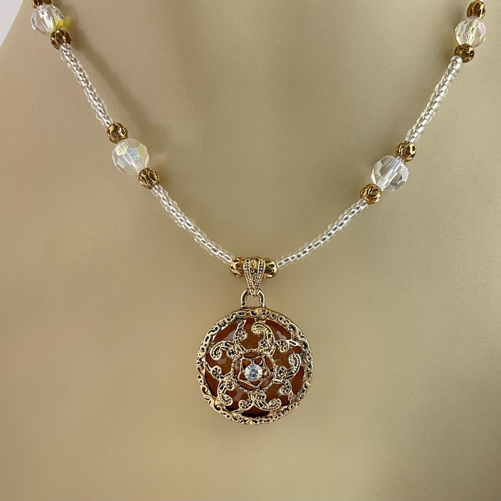 Host Pick! Antique Gold Filigree Pendant Necklace With Aurora Borealis Crystals - Picture 6 of 13